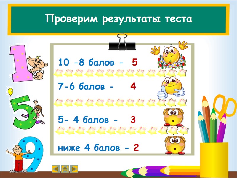 Проверим результаты теста 10 -8 балов -  5     7-6